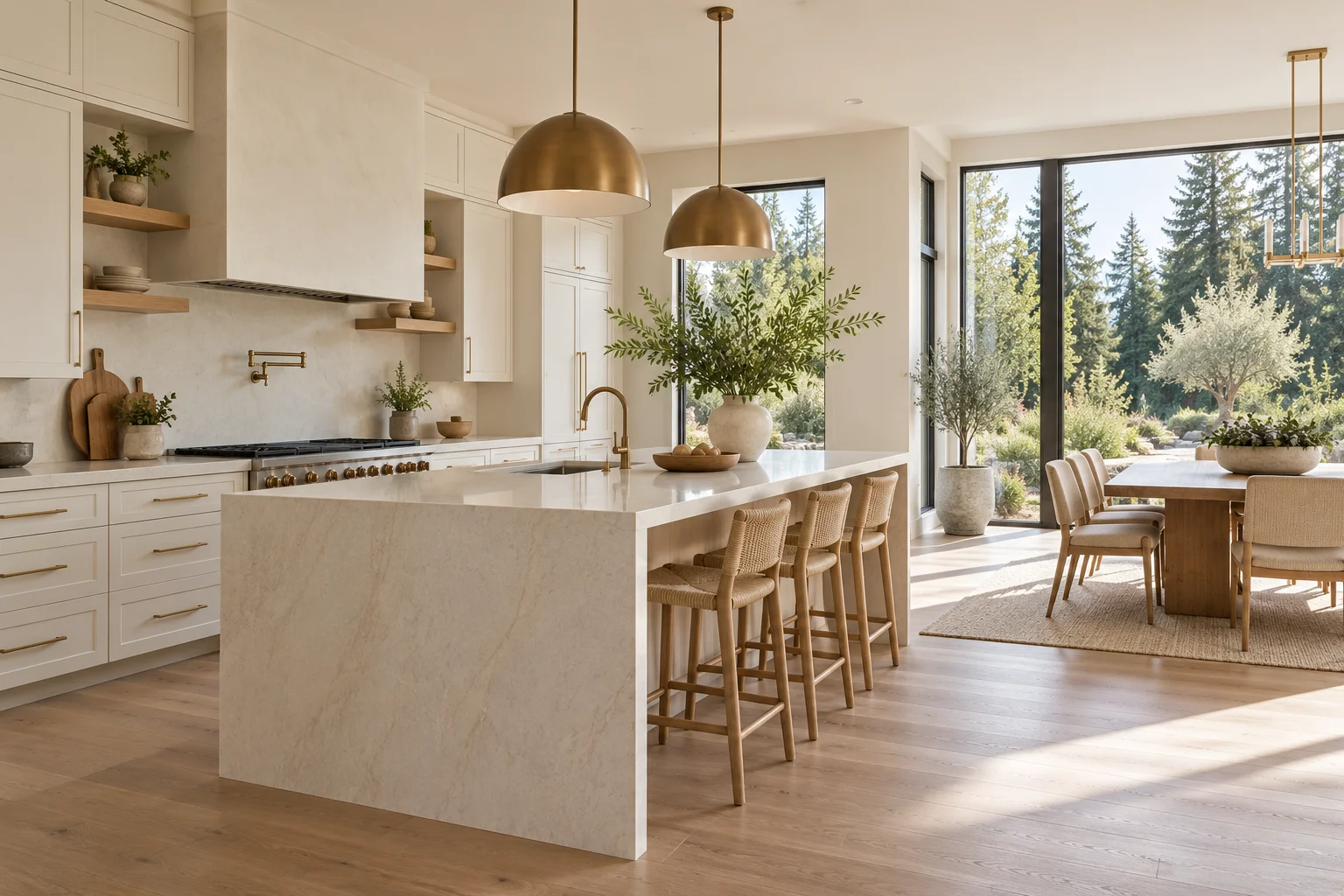 Bright kitchen with light oak and brass details