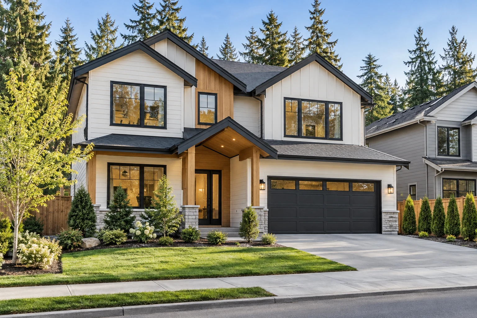 Illustrative newly built contemporary home with bright siding and fresh landscaping