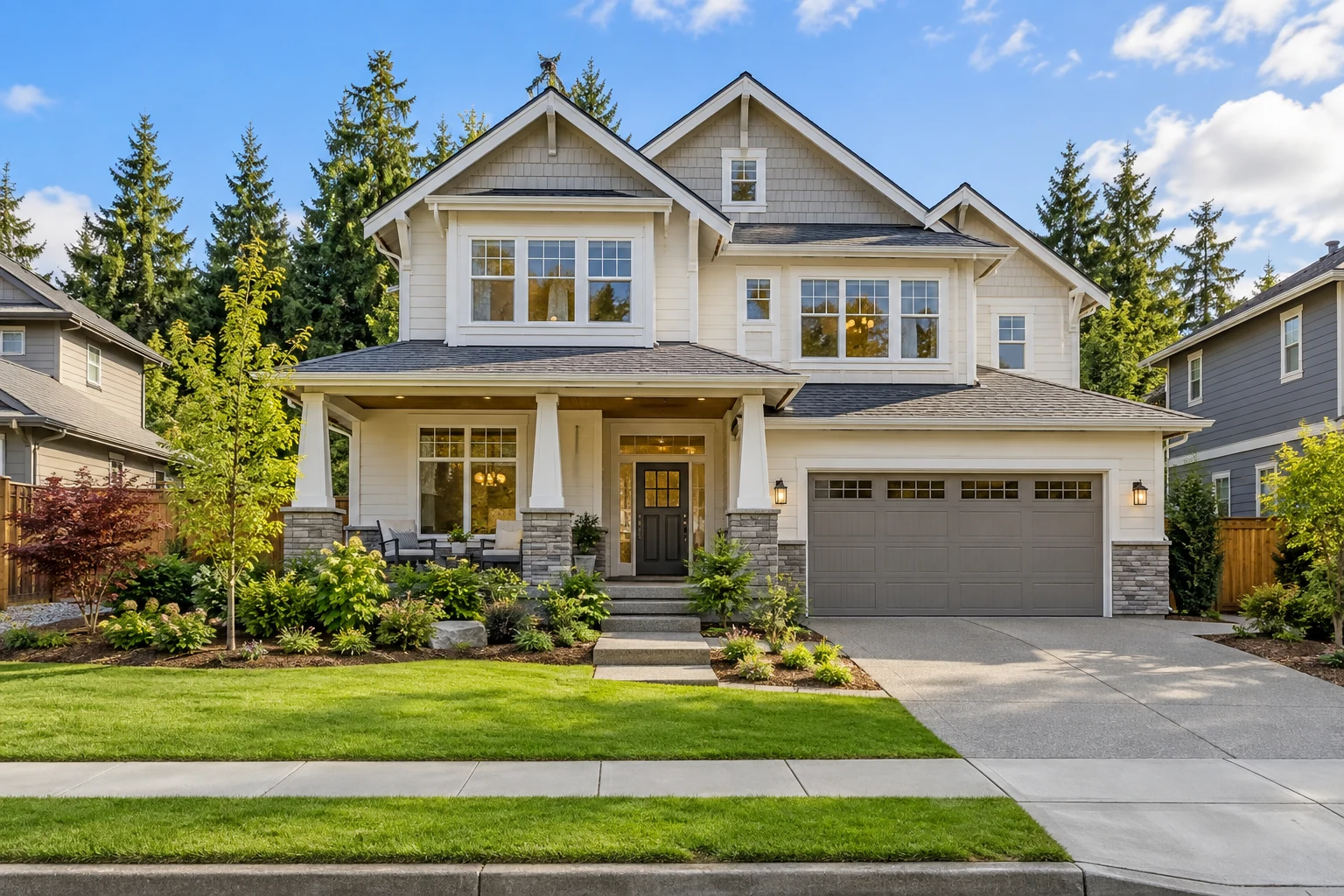 Illustrative newly built Northwest craftsman home in a welcoming neighborhood
